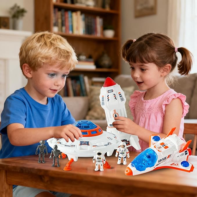 UFO toy space toy set, aliens and astronauts, spaceship toy with lights and sounds, exploration toy set suitable for boys aged 3-5, outer space birthday gift.