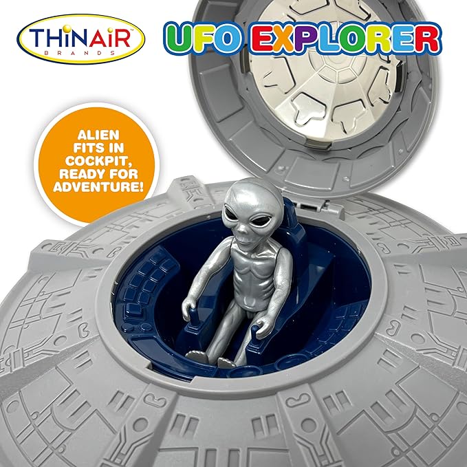 UFO spaceship toy, children's spaceship toy set, with two aliens, lights and sounds, educational STEM adventure, 1:18 scale figures.