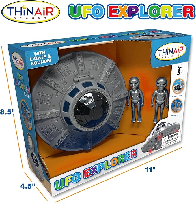 UFO spaceship toy, children's spaceship toy set, with two aliens, lights and sounds, educational STEM adventure, 1:18 scale figures.