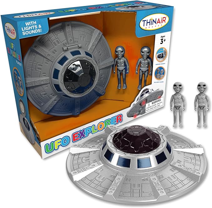 UFO spaceship toy, children's spaceship toy set, with two aliens, lights and sounds, educational STEM adventure, 1:18 scale figures.