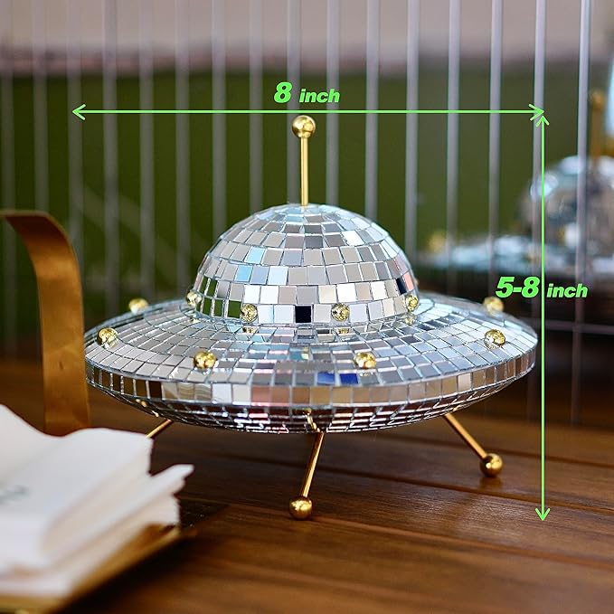 UFO Disco Ball, Silver Disco Ball Decoration, Disco Spaceship Retro Reflective Decorative Mirror Decoration, Suitable for Home, Parties, Gardens, Handmade Gifts (8 * 6 inches)