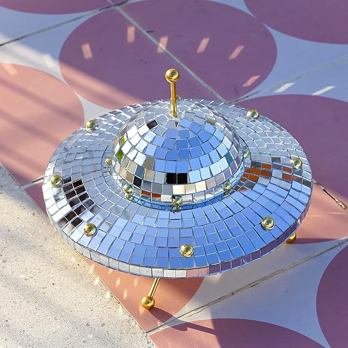 UFO Disco Ball, Silver Disco Ball Decoration, Disco Spaceship Retro Reflective Decorative Mirror Decoration, Suitable for Home, Parties, Gardens, Handmade Gifts (8 * 6 inches)