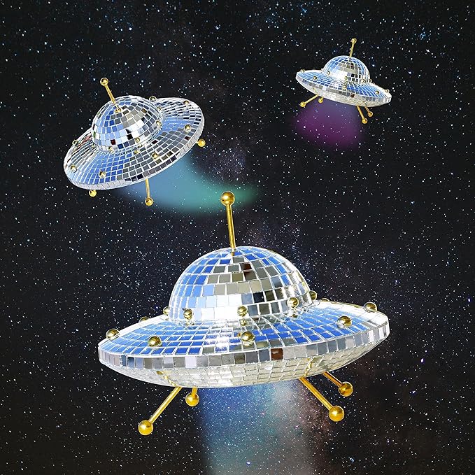 UFO Disco Ball, Silver Disco Ball Decoration, Disco Spaceship Retro Reflective Decorative Mirror Decoration, Suitable for Home, Parties, Gardens, Handmade Gifts (8 * 6 inches)