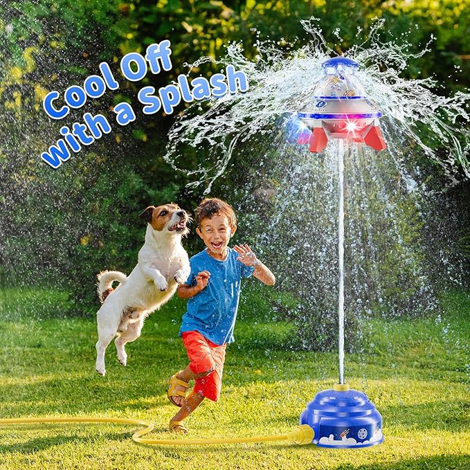 UFO Kids Sprinkler, Water Rocket Toy for Outdoor Summer Play, with Lights and Rotation, Adjustable Height Water Launcher, DIY Space Stickers, Backyard Lawn Gift, Suitable for Girls and Boys Aged 3-12, Blue
