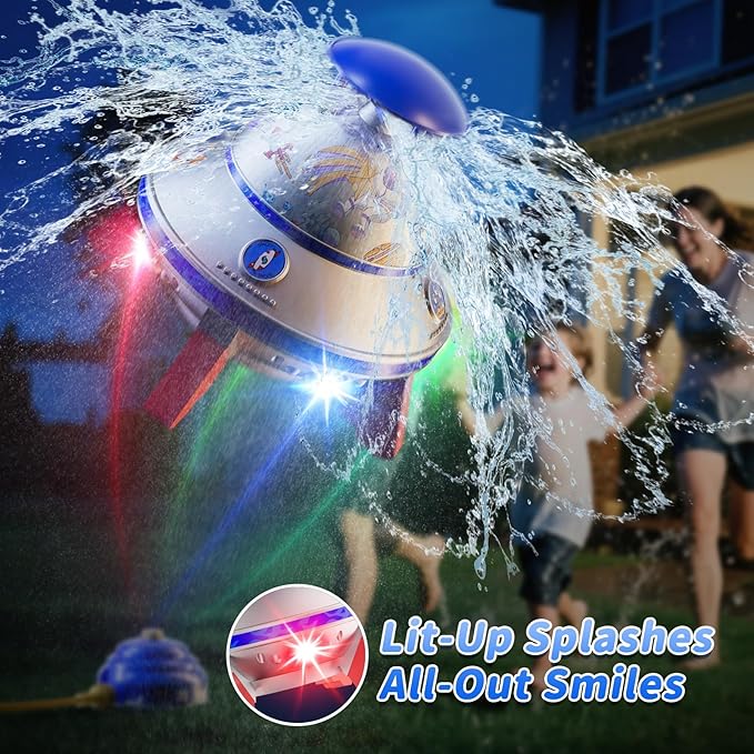 UFO Kids Sprinkler, Water Rocket Toy for Outdoor Summer Play, with Lights and Rotation, Adjustable Height Water Launcher, DIY Space Stickers, Backyard Lawn Gift, Suitable for Girls and Boys Aged 3-12, Blue