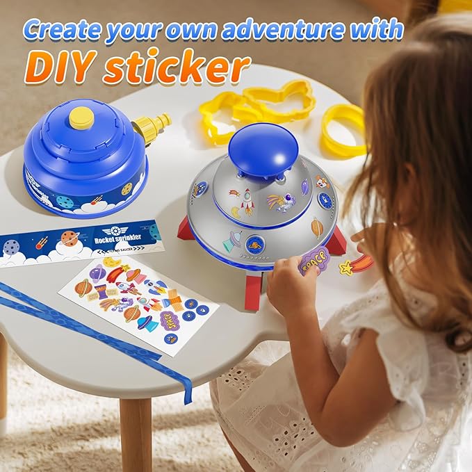 UFO Kids Sprinkler, Water Rocket Toy for Outdoor Summer Play, with Lights and Rotation, Adjustable Height Water Launcher, DIY Space Stickers, Backyard Lawn Gift, Suitable for Girls and Boys Aged 3-12, Blue