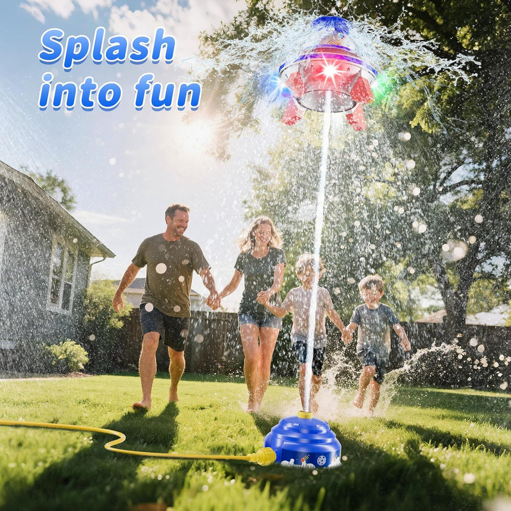 UFO Kids Sprinkler, Water Rocket Toy for Outdoor Summer Play, with Lights and Rotation, Adjustable Height Water Launcher, DIY Space Stickers, Backyard Lawn Gift, Suitable for Girls and Boys Aged 3-12, Blue