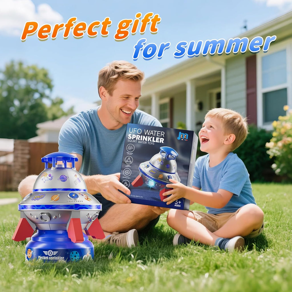 UFO Kids Sprinkler, Water Rocket Toy for Outdoor Summer Play, with Lights and Rotation, Adjustable Height Water Launcher, DIY Space Stickers, Backyard Lawn Gift, Suitable for Girls and Boys Aged 3-12, Blue