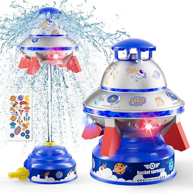 UFO Kids Sprinkler, Water Rocket Toy for Outdoor Summer Play, with Lights and Rotation, Adjustable Height Water Launcher, DIY Space Stickers, Backyard Lawn Gift, Suitable for Girls and Boys Aged 3-12, Blue