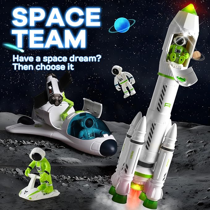 Space Toy Rocket Toy Kids Shuttle with Astronaut Spaceship Planetary Rod and Christmas Space Station Suitable for boys 3, 4, 5, 6, 7, 8, and children aged 3 and up.